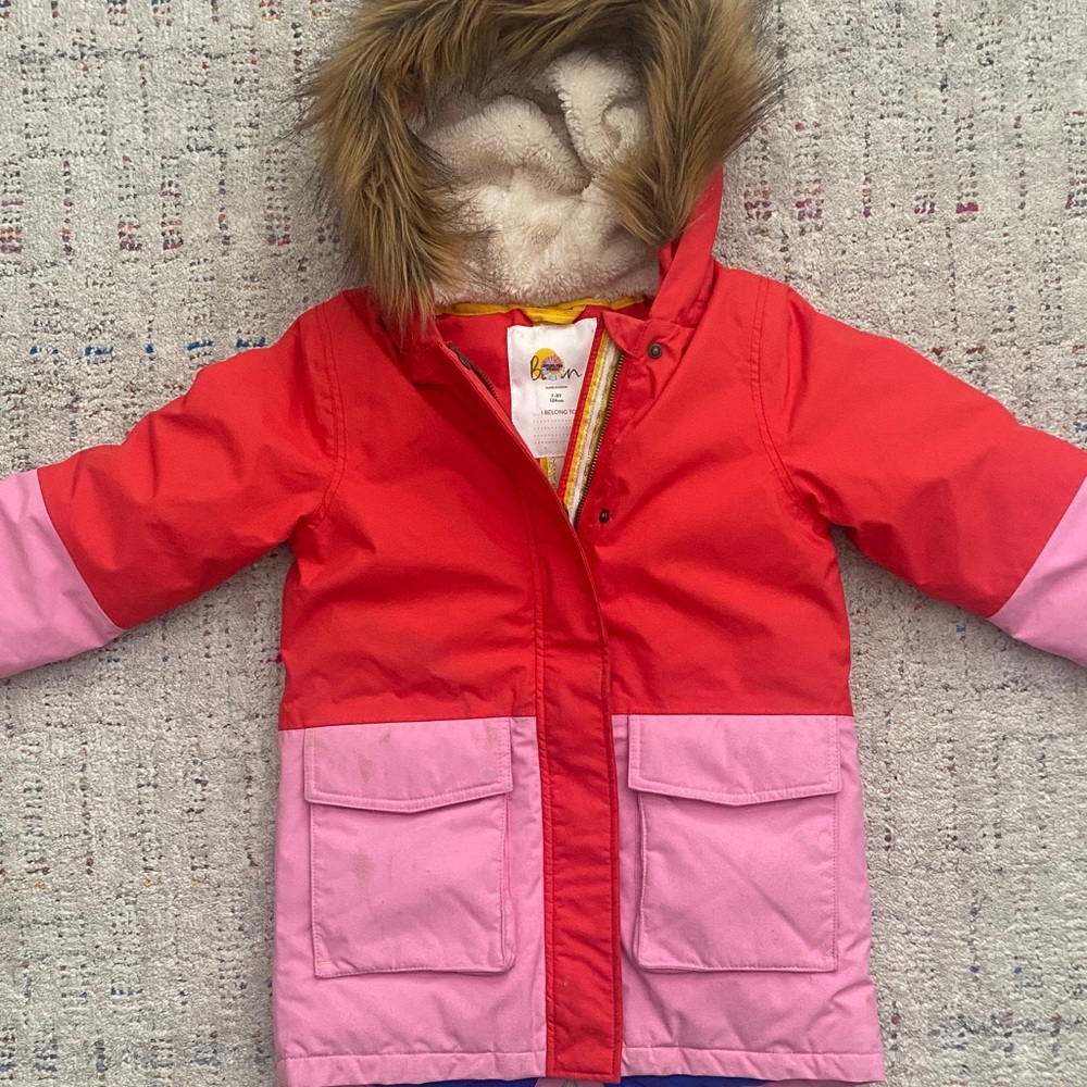 Mini Boden Red and Pink Hooded parka coat with Faux Fur Trim size 7-8